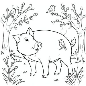 solo, chủ đề đơn, một đầu, hai mắt, hai tai, bốn chân, một đuôi, tỷ lệ tự nhiên, quy mô thích hợp trong môi trường, đúng giải phẫu, Con lợn, ánh sáng mặt trời ấm áp, mùa xuân, chim, trở lại, chồi, cây cối, nền đơn giản, sạch sẽ, tinh khiết, đơn giản, trang màu, nghệ thuật đường, nền trắng, solo, chủ đề đơn, đúng giải phẫu, giải phẫu hoàn hảo