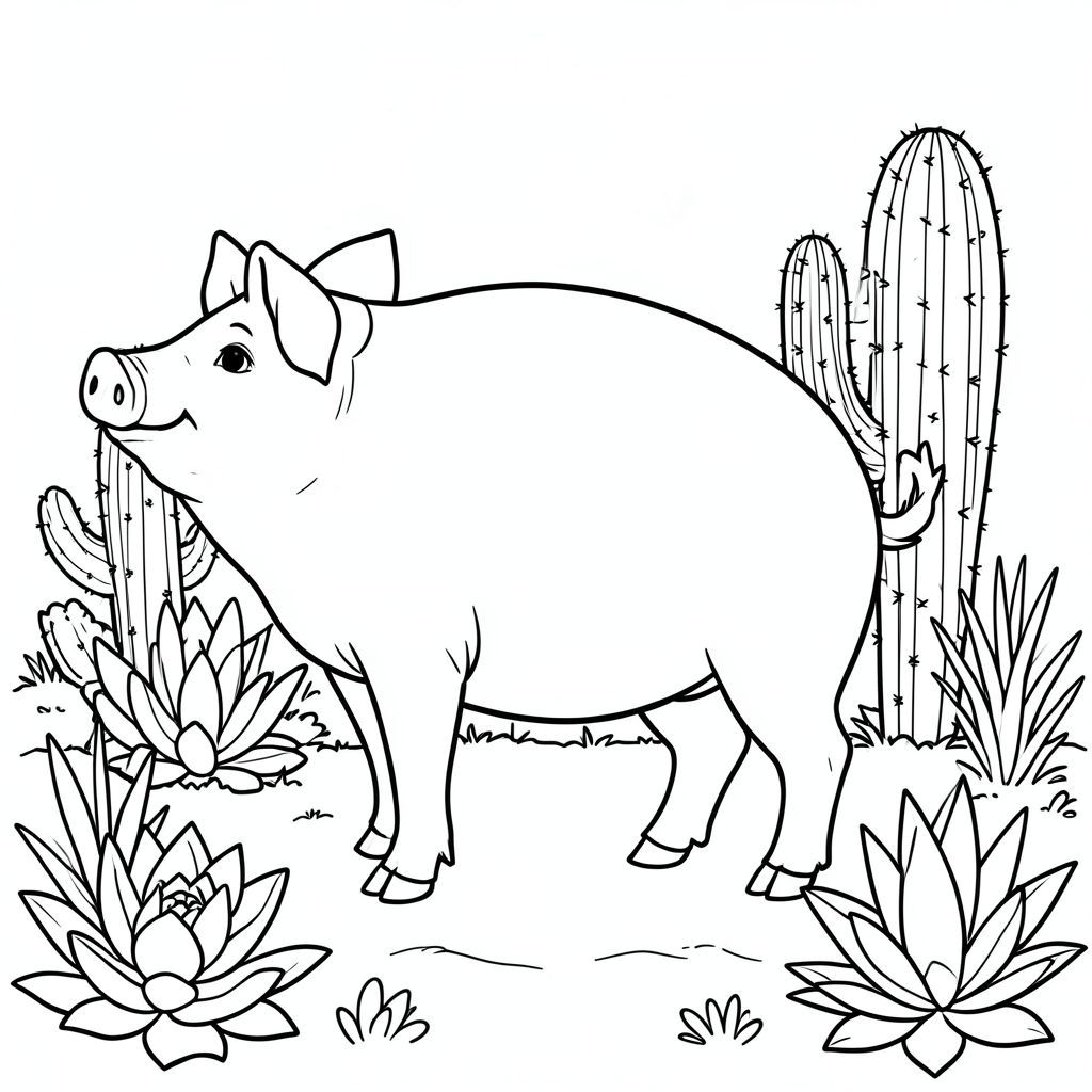 solo, chủ đề đơn, một đầu, hai mắt, hai tai, bốn chân, một đuôi, tỷ lệ tự nhiên, quy mô thích hợp trong môi trường, đúng giải phẫu, Con lợn, xương rồng, xương rồng, vườn, sân, sa mạc, nắng, phong cảnh, tán lá, thực vật, khô, trang màu, nghệ thuật đường, nền trắng, solo, chủ đề đơn, chính xác về mặt giải phẫu, giải phẫu hoàn hảo