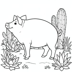 solo, chủ đề đơn, một đầu, hai mắt, hai tai, bốn chân, một đuôi, tỷ lệ tự nhiên, quy mô thích hợp trong môi trường, đúng giải phẫu, Con lợn, xương rồng, xương rồng, vườn, sân, sa mạc, nắng, phong cảnh, tán lá, thực vật, khô, trang màu, nghệ thuật đường, nền trắng, solo, chủ đề đơn, chính xác về mặt giải phẫu, giải phẫu hoàn hảo