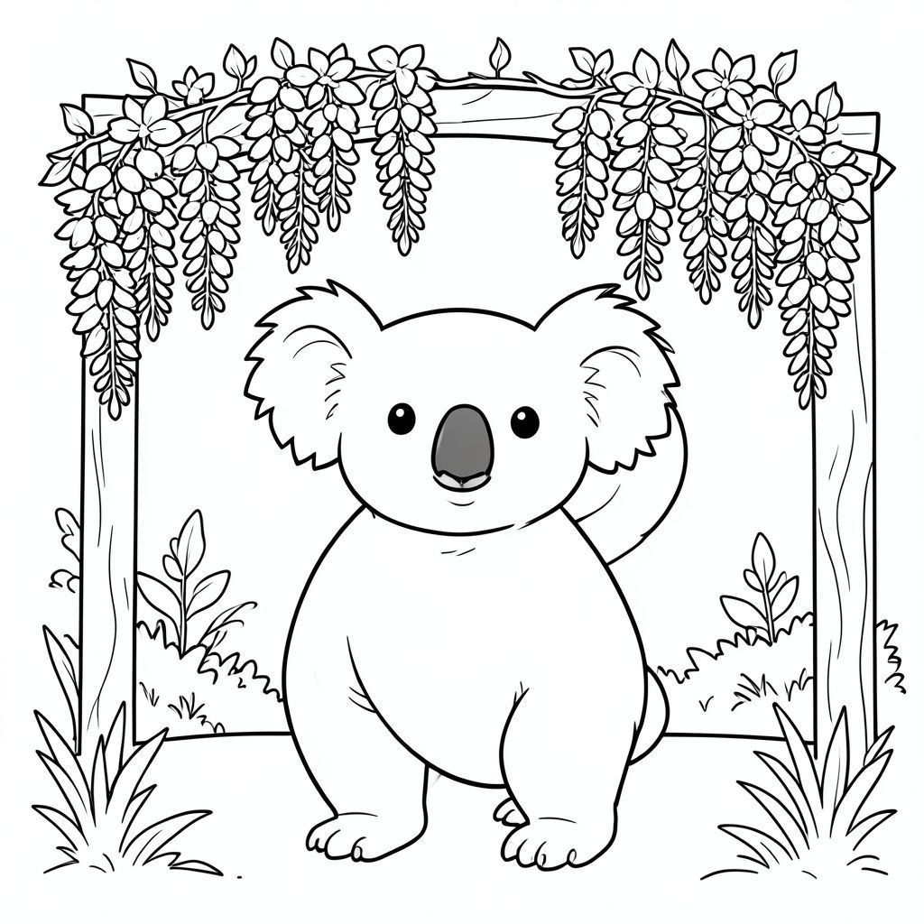 solo, chủ đề đơn, một đầu, hai mắt, hai tai, bốn chân, một đuôi, tỷ lệ tự nhiên, quy mô thích hợp trong môi trường, đúng giải phẫu, Koala, Pergola, hoa tử đằng, nở hoa, cụm treo, vườn, ánh sáng mặt trời, nền đơn giản, dọn dẹp, hình minh họa, sách truyện, trang tô màu, nghệ thuật đường, nền trắng, solo, chủ đề đơn, đúng giải phẫu, giải phẫu hoàn hảo