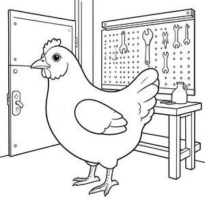 solo, một con chim, một đầu, hai mắt, một mỏ, hai cánh, hai chân, một đuôi, tỷ lệ tự nhiên, quy mô thích hợp trong môi trường, đúng giải phẫu, gà, Nhà để xe, bàn làm việc, công cụ, Bảng chốt, Tường, đơn giản, dọn dẹp, Môi trường, kim loại, Gỗ, Trang màu, nghệ thuật đường, nền trắng, Solo, chủ đề đơn, chính xác về mặt giải phẫu, giải phẫu hoàn hảo