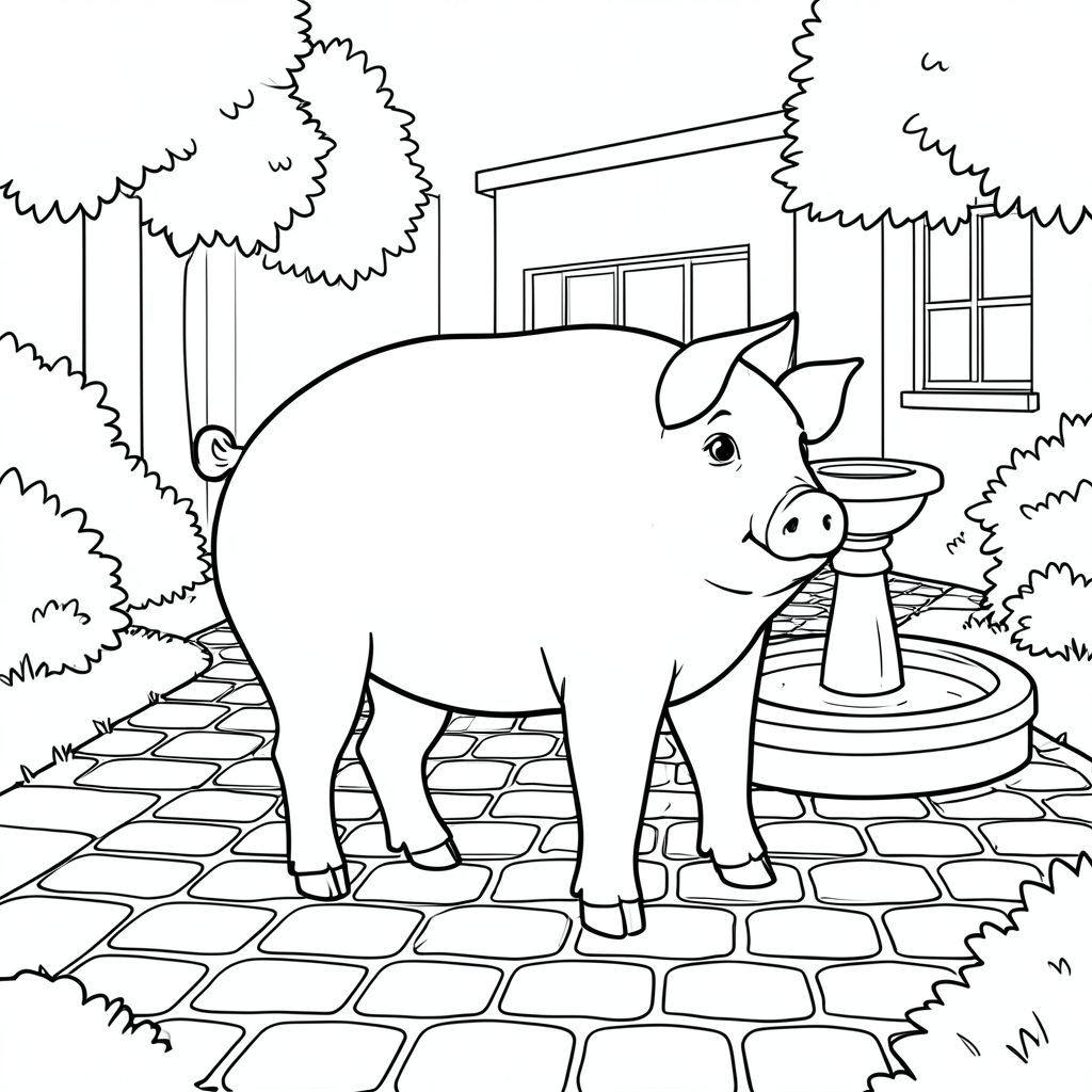 solo, chủ đề đơn, một đầu, hai mắt, hai tai, bốn chân, một đuôi, tỷ lệ tự nhiên, quy mô thích hợp trong môi trường, đúng giải phẫu, con lợn, Đài phun nước, sân, đá cuội, nhỏ, đơn giản, sạch sẽ, lý lịch, đá, con đường, cây xanh, trang màu, nghệ thuật đường, nền trắng, solo, chủ đề đơn, đúng về mặt giải phẫu, giải phẫu hoàn hảo