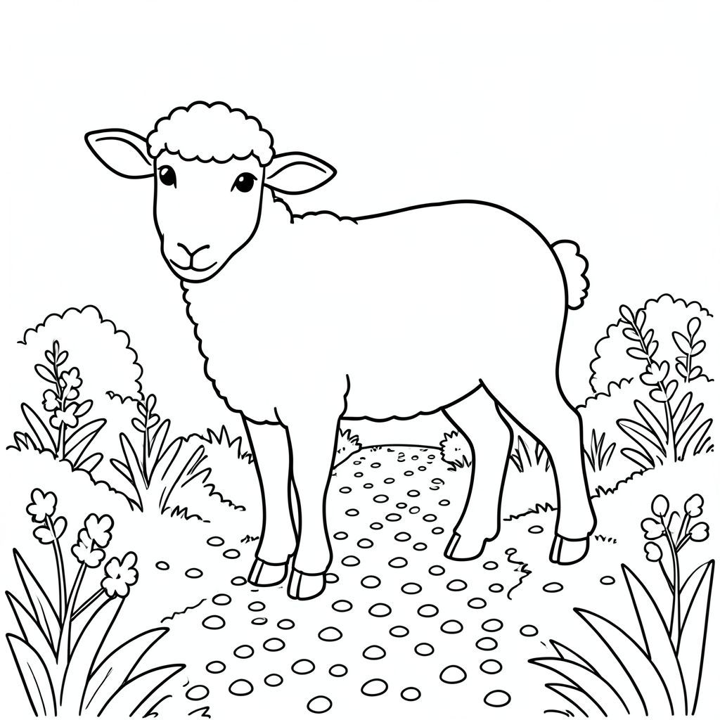 solo, chủ đề đơn, một đầu, hai mắt, hai tai, bốn chân, một đuôi, tỷ lệ tự nhiên, quy mô thích hợp trong môi trường, đúng giải phẫu, Cừu, Đường sỏi, con đường, vườn, yên bình, thanh thản, đơn giản, sạch sẽ, tối giản, hình minh họa, nhỏ, trang màu, nghệ thuật đường, nền trắng, solo, chủ đề đơn, đúng về mặt giải phẫu, giải phẫu hoàn hảo