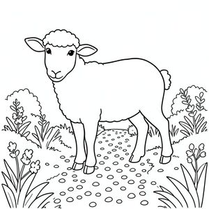 solo, chủ đề đơn, một đầu, hai mắt, hai tai, bốn chân, một đuôi, tỷ lệ tự nhiên, quy mô thích hợp trong môi trường, đúng giải phẫu, Cừu, Đường sỏi, con đường, vườn, yên bình, thanh thản, đơn giản, sạch sẽ, tối giản, hình minh họa, nhỏ, trang màu, nghệ thuật đường, nền trắng, solo, chủ đề đơn, đúng về mặt giải phẫu, giải phẫu hoàn hảo