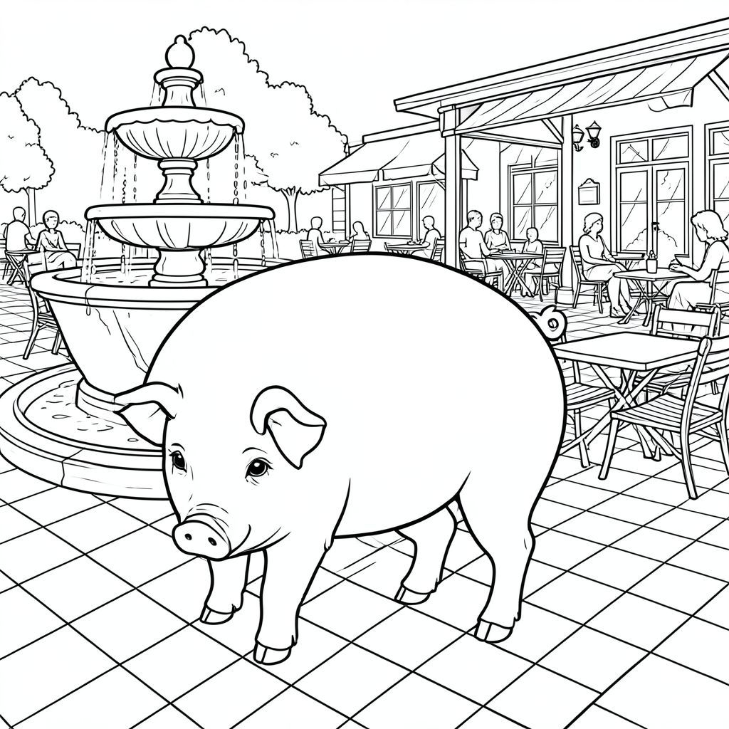 solo, chủ đề đơn, một đầu, hai mắt, hai tai, bốn chân, một đuôi, tỷ lệ tự nhiên, quy mô thích hợp trong môi trường, đúng giải phẫu, Con lợn, quảng trường, quảng trường, đài phun nước, nước, kim loại, gạch, bàn, quán cà phê, chỗ ngồi, những người, trang màu, nghệ thuật đường, nền trắng, solo, chủ đề đơn, đúng về mặt giải phẫu, giải phẫu hoàn hảo