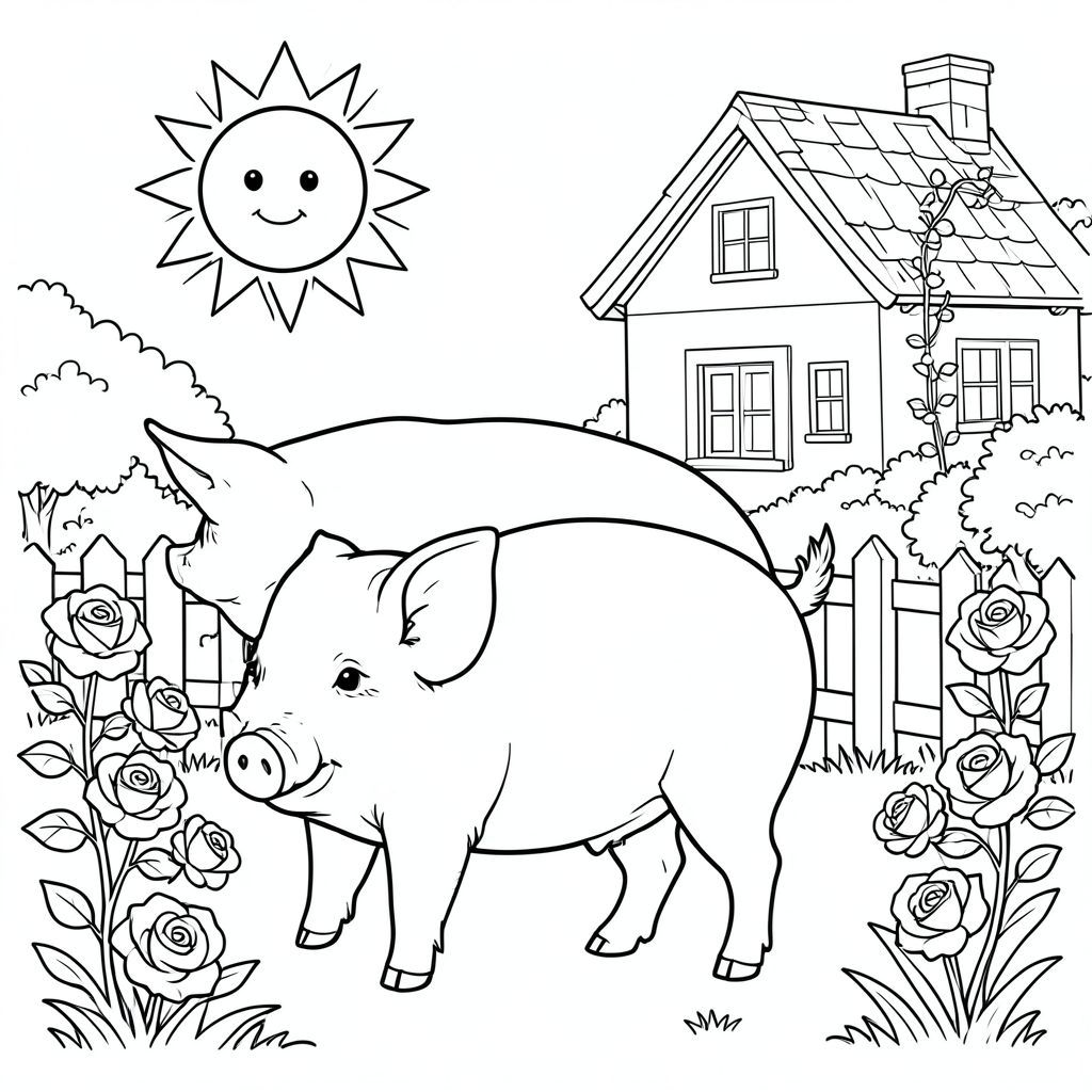 solo, chủ đề đơn, một đầu, hai mắt, hai tai, bốn chân, một đuôi, tỷ lệ tự nhiên, quy mô thích hợp trong môi trường, đúng giải phẫu, con lợn, mặt trời, ngôi nhà tranh, vườn, hoa hồng, leo núi, hàng rào trắng, đơn giản, sạch sẽ, lý lịch, cỏ, trang màu, nghệ thuật đường, nền trắng, solo, chủ đề đơn, đúng về mặt giải phẫu, giải phẫu hoàn hảo