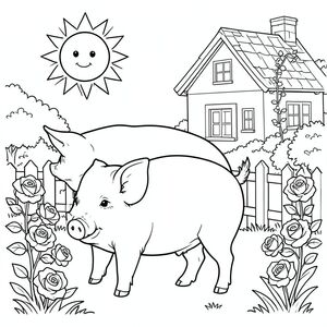 solo, chủ đề đơn, một đầu, hai mắt, hai tai, bốn chân, một đuôi, tỷ lệ tự nhiên, quy mô thích hợp trong môi trường, đúng giải phẫu, con lợn, mặt trời, ngôi nhà tranh, vườn, hoa hồng, leo núi, hàng rào trắng, đơn giản, sạch sẽ, lý lịch, cỏ, trang màu, nghệ thuật đường, nền trắng, solo, chủ đề đơn, đúng về mặt giải phẫu, giải phẫu hoàn hảo