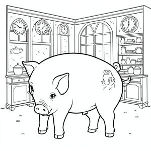 solo, chủ đề đơn, một đầu, hai mắt, hai tai, bốn chân, một đuôi, tỷ lệ tự nhiên, quy mô thích hợp trong môi trường, đúng giải phẫu, Con lợn, Cửa hàng đồ cổ, Cửa sổ, đồng hồ, đồ nội thất, kệ, bụi, nền đơn giản, làm sạch, thuần khiết, câu chuyện, tô màu, nghệ thuật đường, nền trắng, solo, chủ đề đơn, đúng giải phẫu, giải phẫu hoàn hảo