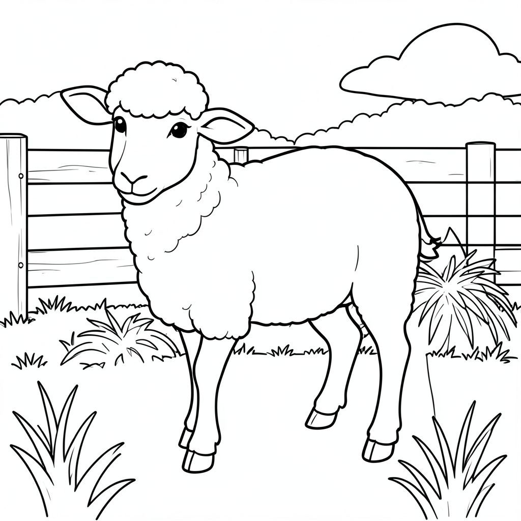 solo, chủ đề đơn, một đầu, hai mắt, hai tai, bốn chân, một đuôi, tỷ lệ tự nhiên, quy mô thích hợp trong môi trường, đúng giải phẫu, Cừu, Bãi cỏ, hàng rào, cỏ khô, cỏ, đơn giản, dọn dẹp, lý lịch, bằng gỗ, nhỏ, yên bình, trang màu, nghệ thuật đường, nền trắng, solo, chủ đề đơn, đúng về mặt giải phẫu, giải phẫu hoàn hảo