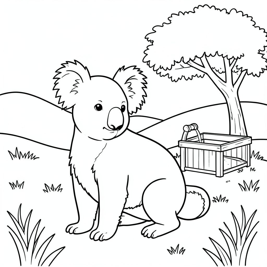 solo, chủ đề đơn, một đầu, hai mắt, hai tai, bốn chân, một đuôi, tỷ lệ tự nhiên, quy mô thích hợp trong môi trường, đúng về mặt giải phẫu, Koala, Đồng cỏ, đồi thoai thoải, máng tưới, cây bóng mát, nền đơn giản, dọn dẹp, tinh khiết, nông thôn, hòa bình, tô màu, nghệ thuật đường, nền trắng, solo, chủ đề đơn, chính xác về mặt giải phẫu, giải phẫu hoàn hảo