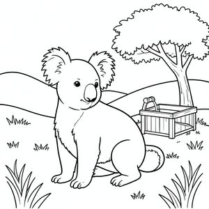 solo, chủ đề đơn, một đầu, hai mắt, hai tai, bốn chân, một đuôi, tỷ lệ tự nhiên, quy mô thích hợp trong môi trường, đúng về mặt giải phẫu, Koala, Đồng cỏ, đồi thoai thoải, máng tưới, cây bóng mát, nền đơn giản, dọn dẹp, tinh khiết, nông thôn, hòa bình, tô màu, nghệ thuật đường, nền trắng, solo, chủ đề đơn, chính xác về mặt giải phẫu, giải phẫu hoàn hảo