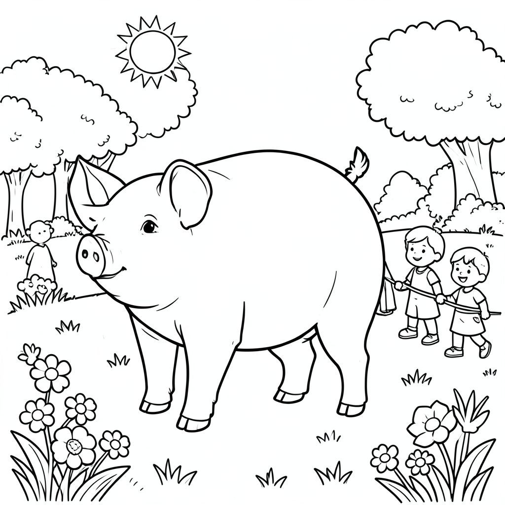 solo, chủ đề đơn, một đầu, hai mắt, hai tai, bốn chân, một đuôi, tỷ lệ tự nhiên, quy mô thích hợp trong môi trường, đúng giải phẫu, Con lợn, công viên, trẻ em, xe băng, nắng, công viên, cỏ, hoa, trẻ em, xếp hàng, đơn giản, trang màu, nghệ thuật đường, nền trắng, solo, chủ đề đơn, đúng về mặt giải phẫu, giải phẫu hoàn hảo