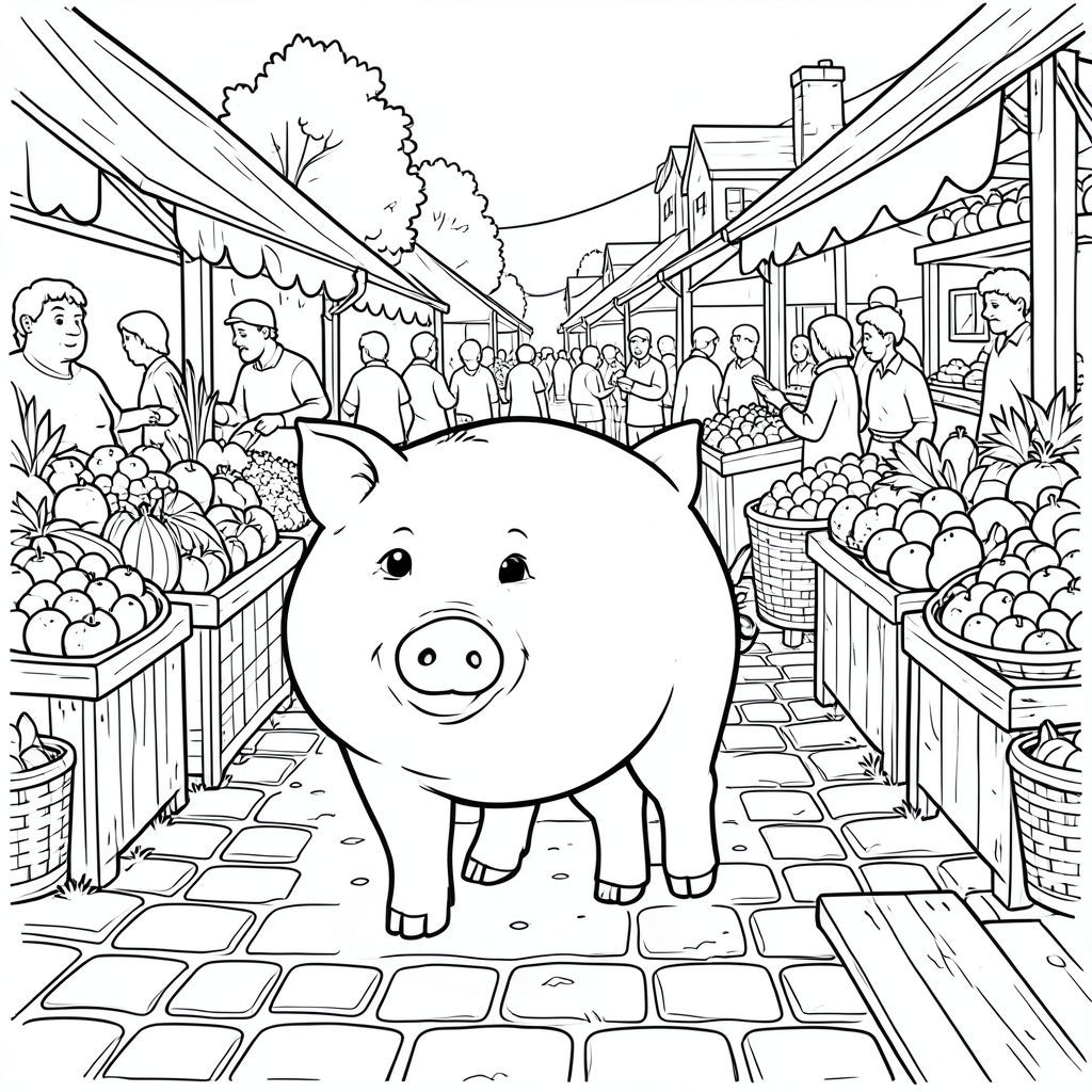 solo, chủ đề đơn, một đầu, hai mắt, hai tai, bốn chân, một đuôi, tỷ lệ tự nhiên, quy mô thích hợp trong môi trường, đúng về mặt giải phẫu, Con lợn, quầy hàng trái cây, giá bán rau, đá cuội, đường đất, ván gỗ, ánh sáng mặt trời, sản xuất, giỏ tràn, quầy hàng đông đúc, cảnh bận rộn, trang màu, nghệ thuật đường, nền trắng, solo, chủ đề đơn, đúng giải phẫu, giải phẫu hoàn hảo