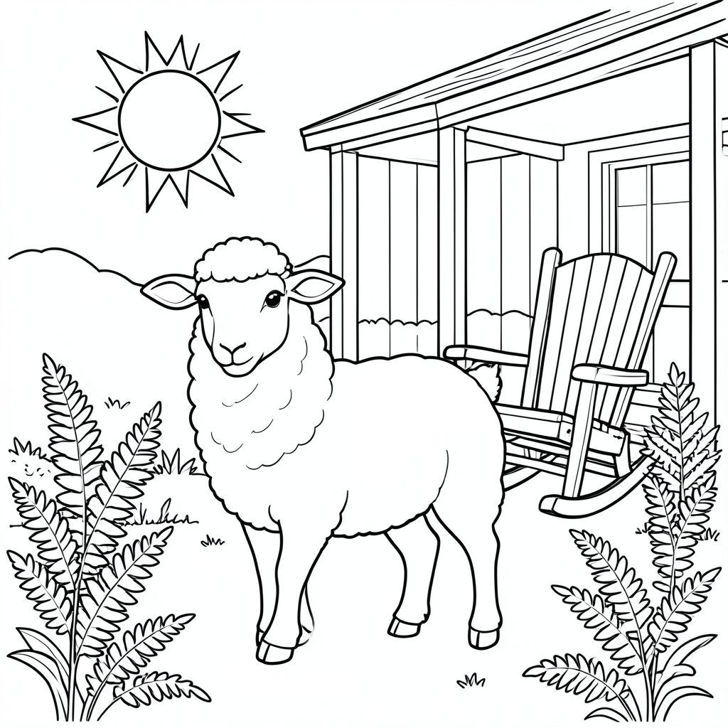 solo, chủ đề đơn, một đầu, hai mắt, hai tai, bốn chân, một đuôi, tỷ lệ tự nhiên, quy mô thích hợp trong môi trường, đúng giải phẫu, Cừu, mặt trời, hiên nhà, ghế bập bênh, dương xỉ, vườn, đơn giản, lý lịch, dọn dẹp, sách truyện, thuần khiết, trang màu, nghệ thuật đường, nền trắng, solo, chủ đề đơn, đúng về mặt giải phẫu, giải phẫu hoàn hảo