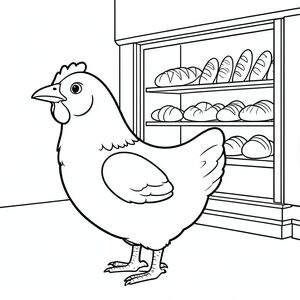 solo, một con chim, một đầu, hai mắt, một mỏ, hai cánh, hai chân, một đuôi, tỷ lệ tự nhiên, quy mô thích hợp trong môi trường, đúng giải phẫu, gà, tiệm bánh, cửa sổ, trưng bà, bánh mì, bánh ngọt, ấm áp, đơn giản, dọn dẹp, lý lịch, mặt tiền cửa hàng, trang tô màu, nghệ thuật đường, nền trắng, solo, chủ đề đơn, đúng về mặt giải phẫu, giải phẫu hoàn hảo