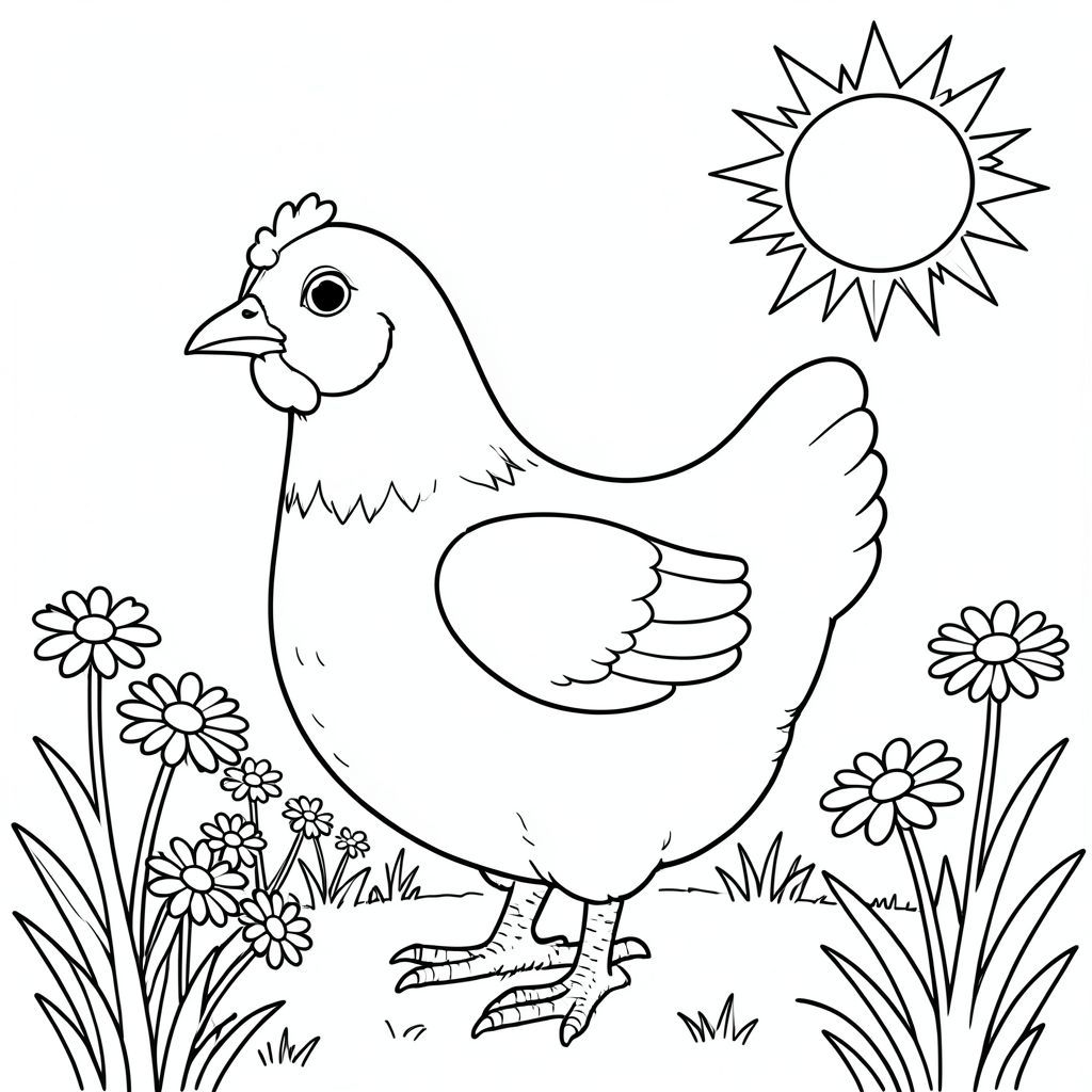 solo, một con chim, một đầu, hai mắt, một mỏ, hai cánh, hai chân, một đuôi, tỷ lệ tự nhiên, quy mô thích hợp trong môi trường, đúng giải phẫu, gà, mặt trời, mùa xuân, vườn, hoa cúc, cỏ, ánh sáng mặt trời, rõ ràng, đơn giản, sạch sẽ, lý lịch, tô màu, nghệ thuật đường, nền trắng, solo, chủ đề đơn, đúng giải phẫu, giải phẫu hoàn hảo