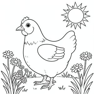 solo, một con chim, một đầu, hai mắt, một mỏ, hai cánh, hai chân, một đuôi, tỷ lệ tự nhiên, quy mô thích hợp trong môi trường, đúng giải phẫu, gà, mặt trời, mùa xuân, vườn, hoa cúc, cỏ, ánh sáng mặt trời, rõ ràng, đơn giản, sạch sẽ, lý lịch, tô màu, nghệ thuật đường, nền trắng, solo, chủ đề đơn, đúng giải phẫu, giải phẫu hoàn hảo