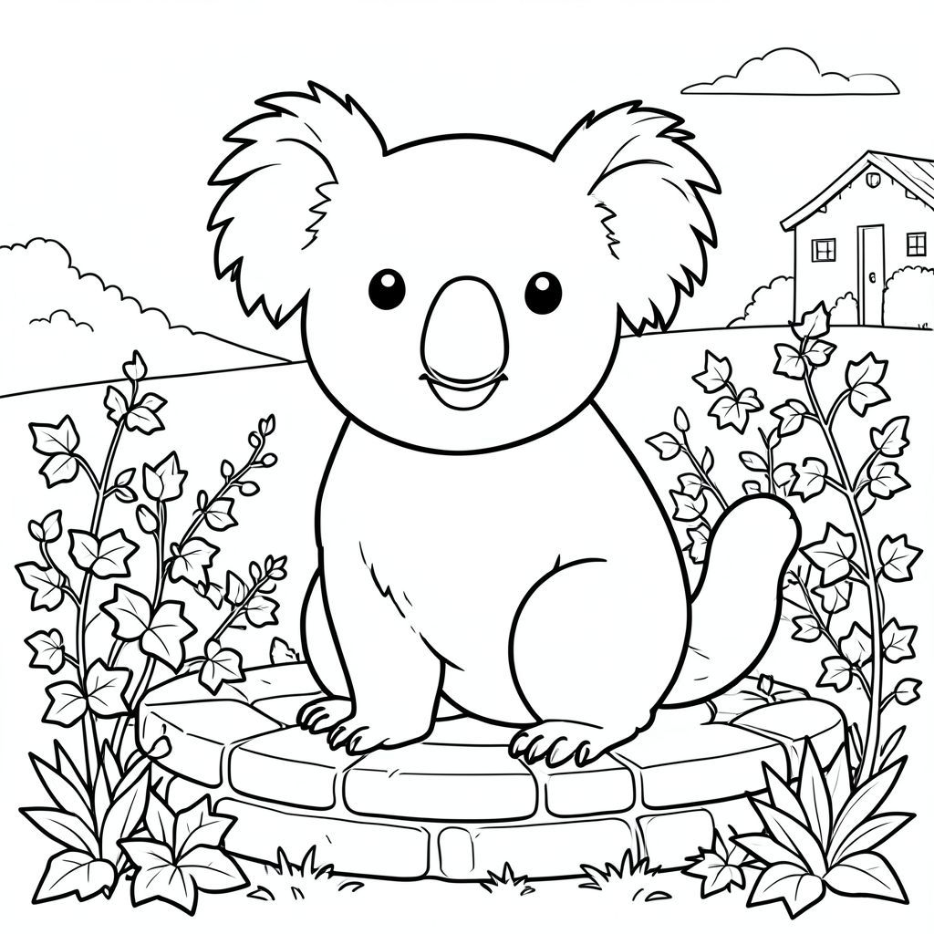 solo, chủ đề đơn, một đầu, hai mắt, hai tai, bốn chân, một đuôi, tỷ lệ tự nhiên, quy mô thích hợp trong môi trường, đúng giải phẫu, Koala, đá giếng, vườn, cây thường xuân, quốc gia, nhỏ, đơn giản, dọn dẹp, lý lịch, nông thôn, hòa bình, trang màu, nghệ thuật đường, nền trắng, solo, chủ đề đơn, đúng về mặt giải phẫu, giải phẫu hoàn hảo