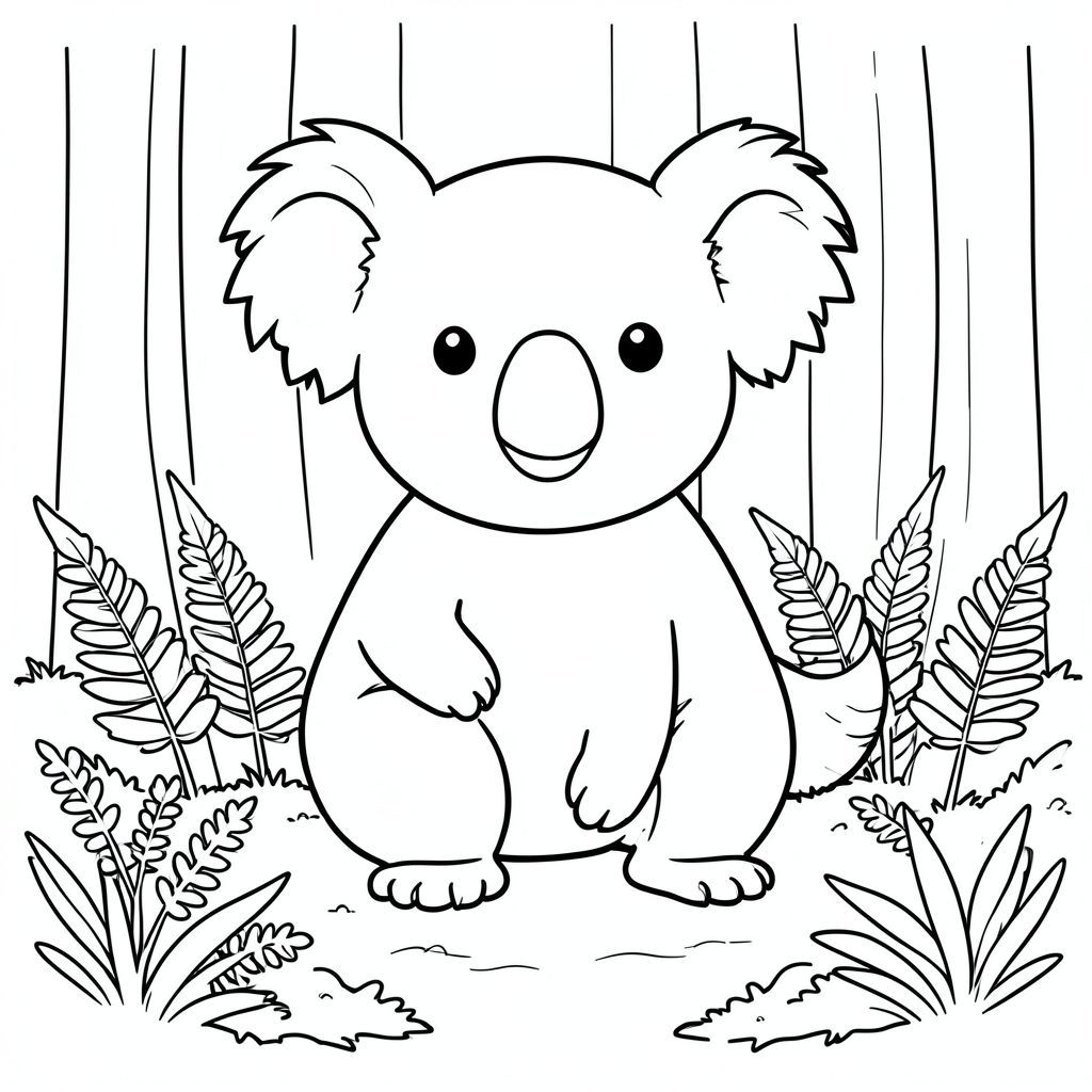 solo, chủ đề đơn, một đầu, hai mắt, hai tai, bốn chân, một đuôi, tỷ lệ tự nhiên, quy mô thích hợp trong môi trường, đúng giải phẫu, Koala, Dương xỉ, rêu, rừng, yên bình, yên tĩnh, nhỏ, độc thân, đơn giản, sạch sẽ, một, trang màu, nghệ thuật đường, nền trắng, solo, chủ đề đơn, đúng về mặt giải phẫu, giải phẫu hoàn hảo