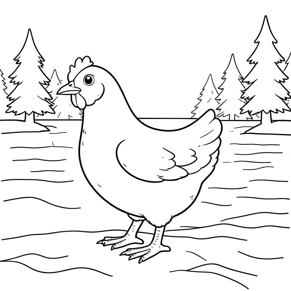 solo, một con chim, một đầu, hai mắt, một mỏ, hai cánh, hai chân, một đuôi, tỷ lệ tự nhiên, quy mô thích hợp trong môi trường, đúng giải phẫu, gà, bờ biển, hồ, sóng, cây thông, đơn giản, dọn dẹp, lý lịch, yên tĩnh, yên bình, nhẹ nhàng, trang màu, nghệ thuật đường, nền trắng, solo, chủ đề đơn, chính xác về mặt giải phẫu, giải phẫu hoàn hảo