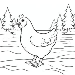 solo, một con chim, một đầu, hai mắt, một mỏ, hai cánh, hai chân, một đuôi, tỷ lệ tự nhiên, quy mô thích hợp trong môi trường, đúng giải phẫu, gà, bờ biển, hồ, sóng, cây thông, đơn giản, dọn dẹp, lý lịch, yên tĩnh, yên bình, nhẹ nhàng, trang màu, nghệ thuật đường, nền trắng, solo, chủ đề đơn, chính xác về mặt giải phẫu, giải phẫu hoàn hảo