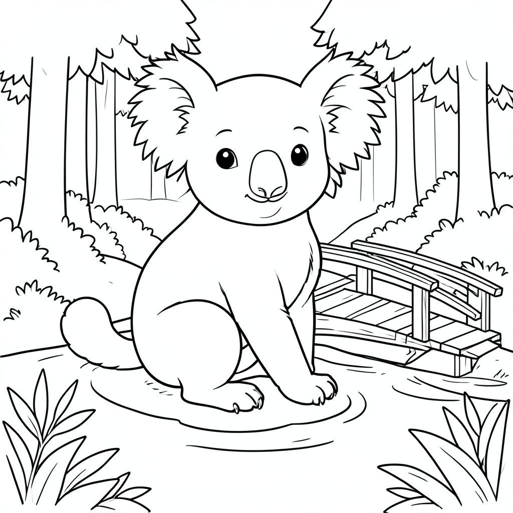 solo, chủ đề đơn, một đầu, hai mắt, hai tai, bốn chân, một đuôi, tỷ lệ tự nhiên, quy mô thích hợp trong môi trường, đúng giải phẫu, Koala, Brook, nông, Nước, cầu, bằng gỗ, đơn giản, sạch sẽ, lý lịch, rừng, tán lá, trang màu, nghệ thuật đường, nền trắng, solo, chủ đề đơn, đúng về mặt giải phẫu, giải phẫu hoàn hảo