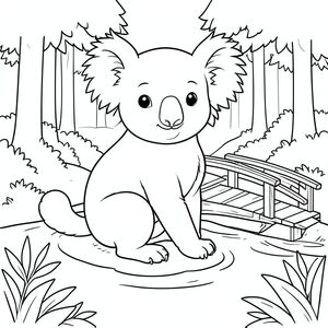 solo, chủ đề đơn, một đầu, hai mắt, hai tai, bốn chân, một đuôi, tỷ lệ tự nhiên, quy mô thích hợp trong môi trường, đúng giải phẫu, Koala, Brook, nông, Nước, cầu, bằng gỗ, đơn giản, sạch sẽ, lý lịch, rừng, tán lá, trang màu, nghệ thuật đường, nền trắng, solo, chủ đề đơn, đúng về mặt giải phẫu, giải phẫu hoàn hảo