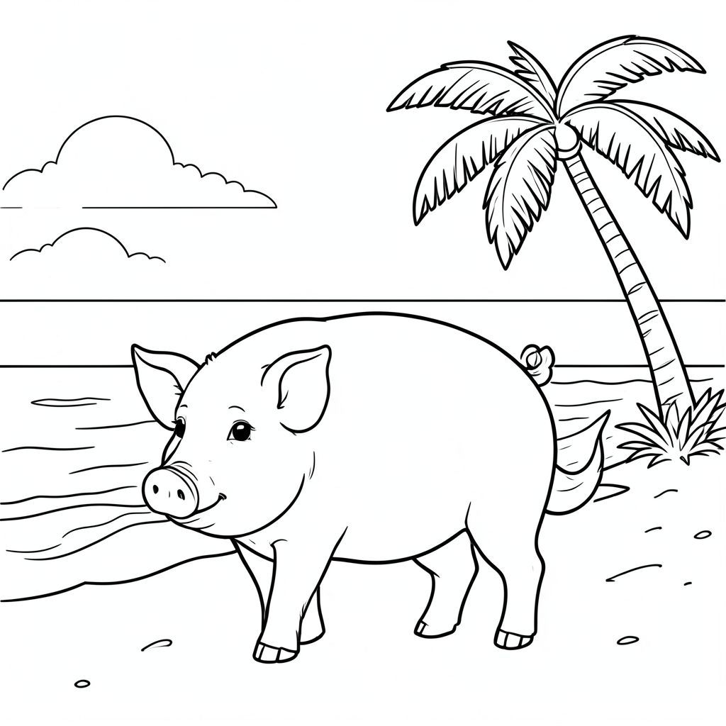 solo, chủ đề đơn, một đầu, hai mắt, hai tai, bốn chân, một đuôi, tỷ lệ tự nhiên, quy mô thích hợp trong môi trường, đúng giải phẫu, con lợn, Bãi biển nhiệt đới, cây cọ, nước trong, cát, bờ biển, ánh sáng mặt trời, bình tĩnh, sóng nhẹ nhàng, đường chân trời, bầu trời, trang màu, nghệ thuật đường, nền trắng, solo, chủ đề đơn, đúng về mặt giải phẫu, giải phẫu hoàn hảo