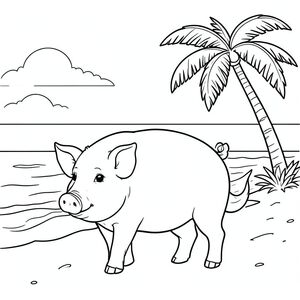 solo, chủ đề đơn, một đầu, hai mắt, hai tai, bốn chân, một đuôi, tỷ lệ tự nhiên, quy mô thích hợp trong môi trường, đúng giải phẫu, con lợn, Bãi biển nhiệt đới, cây cọ, nước trong, cát, bờ biển, ánh sáng mặt trời, bình tĩnh, sóng nhẹ nhàng, đường chân trời, bầu trời, trang màu, nghệ thuật đường, nền trắng, solo, chủ đề đơn, đúng về mặt giải phẫu, giải phẫu hoàn hảo