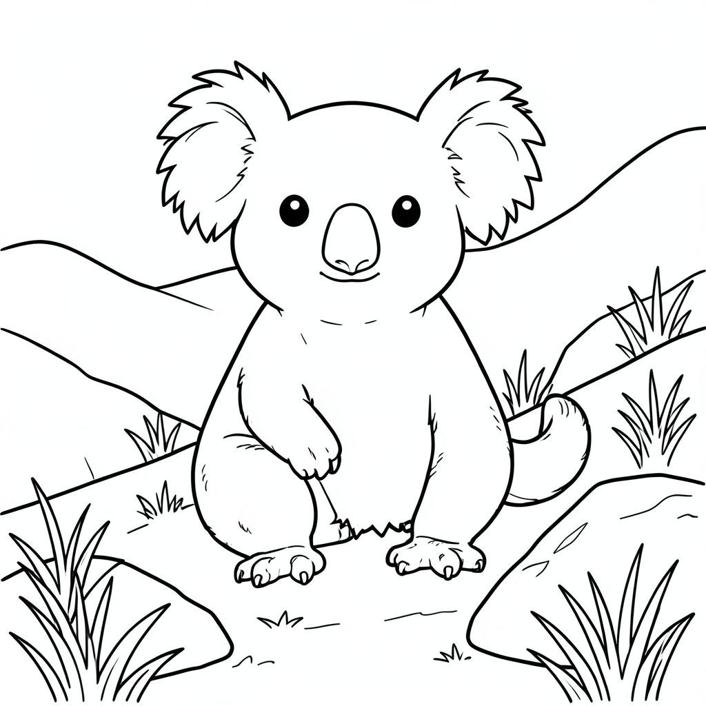 solo, chủ đề đơn, một đầu, hai mắt, hai tai, bốn chân, một đuôi, tỷ lệ tự nhiên, quy mô thích hợp trong môi trường, đúng giải phẫu, Koala, sườn dốc chân đồi, tảng đá, cỏ khô, ánh sáng mặt trời, nền đơn giản, dọn dẹp, sách truyện, thuần khiết, ngây thơ, nhỏ, trang màu, nghệ thuật đường, nền trắng, solo, chủ đề đơn, đúng giải phẫu, giải phẫu hoàn hảo