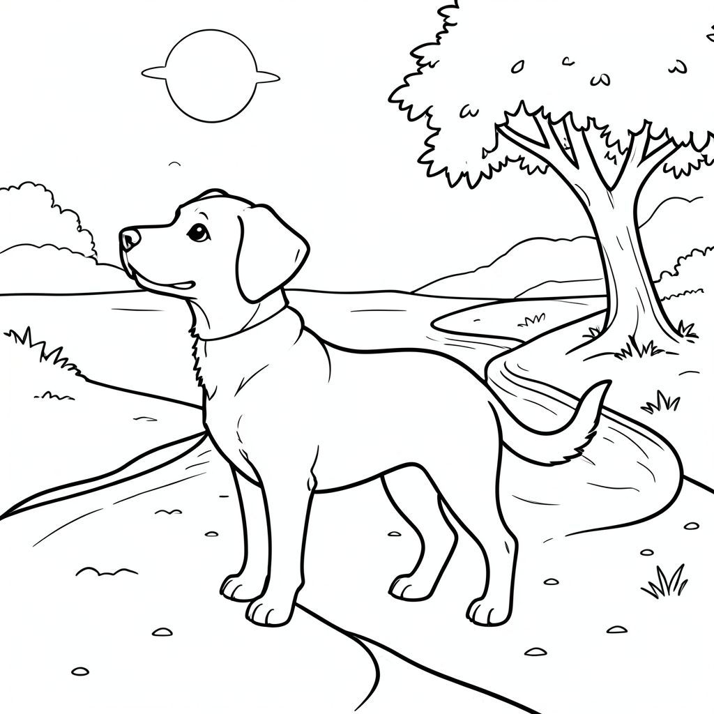 solo, chủ đề đơn, một đầu, hai mắt, hai tai, bốn chân, một đuôi, tỷ lệ tự nhiên, quy mô thích hợp trong môi trường, đúng giải phẫu,, sông, uốn cong, cát, ngân hàng, cây, ánh sáng mặt trời, rõ ràng, điềm tĩnh, yên bình, đơn giản, trang tô màu, nghệ thuật đường, nền trắng, solo, chủ đề đơn, đúng về mặt giải phẫu, giải phẫu hoàn hảo