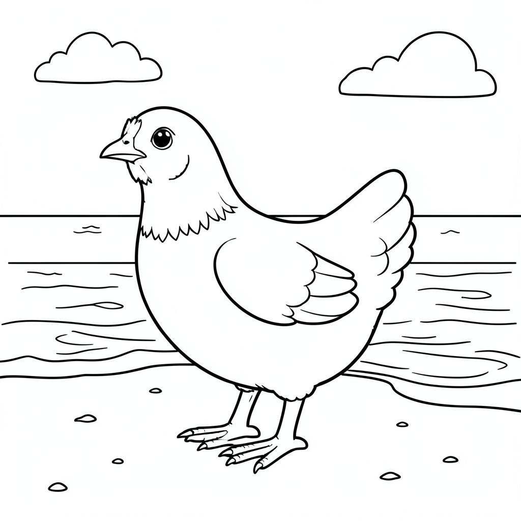 solo, một con chim, một đầu, hai mắt, một mỏ, hai cánh, hai chân, một đuôi, tỷ lệ tự nhiên, quy mô thích hợp trong môi trường, đúng giải phẫu, gà, Bãi biển cát, cát, Nước, bầu trời quang đãng, ánh sáng mặt trời, sóng, bờ biển, nhỏ, đơn giản, sạch sẽ, trang màu, nghệ thuật đường, nền trắng, solo, chủ đề đơn, đúng về mặt giải phẫu, giải phẫu hoàn hảo