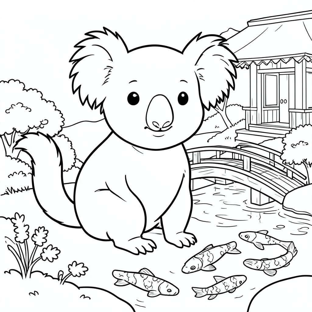 solo, chủ đề đơn, một đầu, hai mắt, hai tai, bốn chân, một đuôi, tỷ lệ tự nhiên, quy mô thích hợp trong môi trường, đúng giải phẫu, Koala, vườn Nhật Bản, cầu nhỏ, ao cá koi, cấu trúc bằng gỗ, nền đơn giản, sạch sẽ, sách truyện, tinh khiết, thanh thản, trang màu, nghệ thuật đường, nền trắng, solo, chủ đề đơn, đúng giải phẫu, giải phẫu hoàn hảo