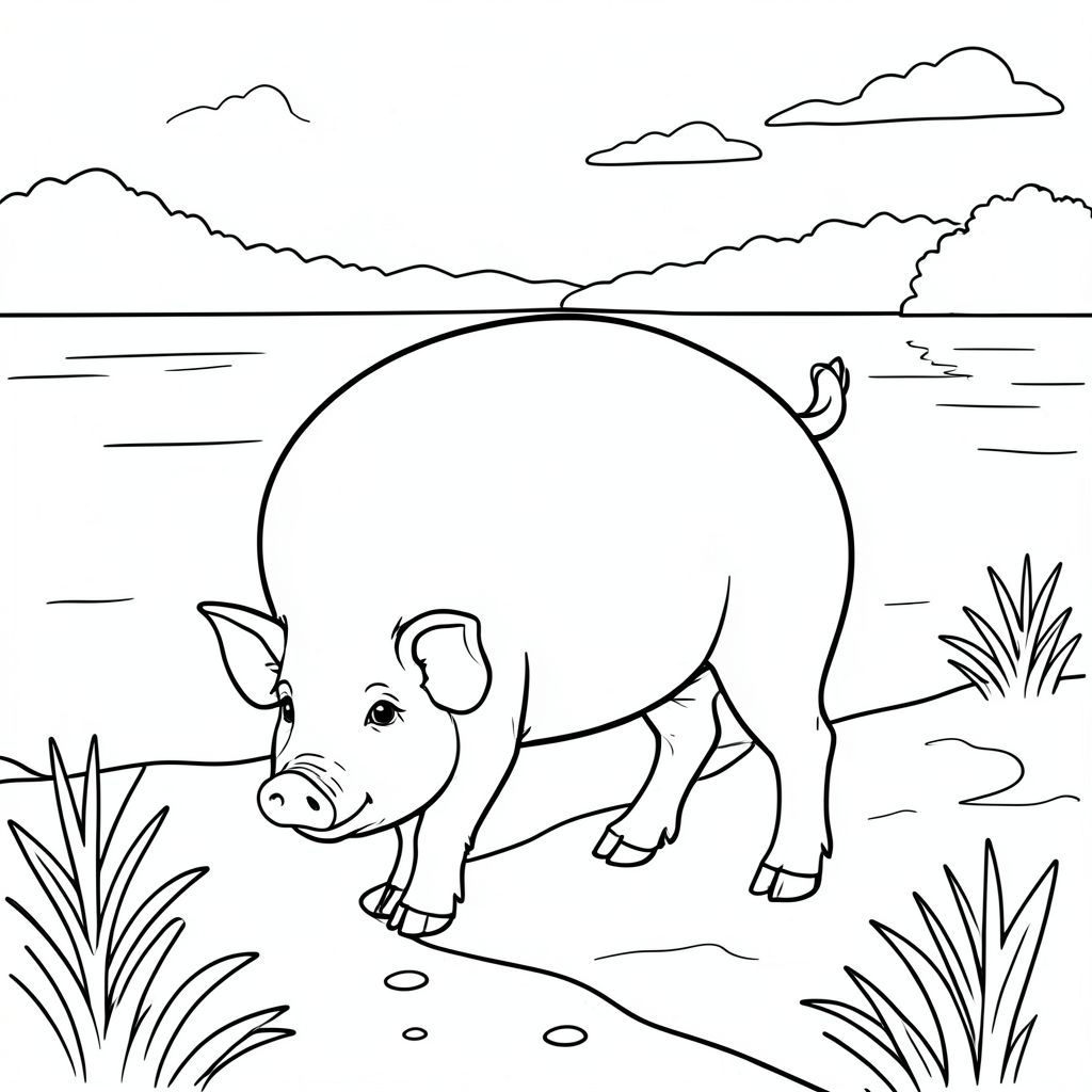 solo, chủ đề đơn, một đầu, hai mắt, hai tai, bốn chân, một đuôi, tỷ lệ tự nhiên, quy mô thích hợp trong môi trường, đúng giải phẫu, Con lợn, Hồ, bờ biển, gương, vẫn, trong sáng, Nước, mịn, đơn giản, lý lịch, hòa bình, trang màu, nghệ thuật đường, nền trắng, solo, chủ đề đơn, đúng về mặt giải phẫu, giải phẫu hoàn hảo