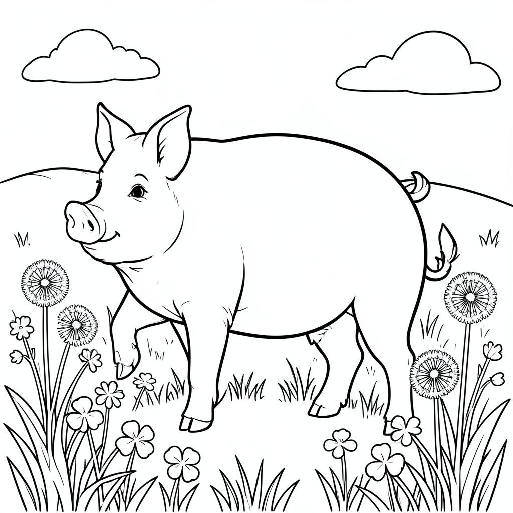 solo, chủ đề đơn, một đầu, hai mắt, hai tai, bốn chân, một đuôi, tỷ lệ tự nhiên, quy mô thích hợp trong môi trường, đúng giải phẫu, Con lợn, Đồng cỏ, hoa dại, bồ công anh, cỏ ba lá, cỏ, ánh sáng mặt trời, bầu trời quang đãng, bầu trời, nền đơn giản, nghệ thuật tuyến tính, trang màu, nghệ thuật đường, nền trắng, solo, chủ đề đơn, chính xác về mặt giải phẫu, giải phẫu hoàn hảo