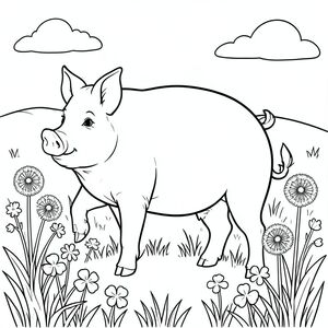 solo, chủ đề đơn, một đầu, hai mắt, hai tai, bốn chân, một đuôi, tỷ lệ tự nhiên, quy mô thích hợp trong môi trường, đúng giải phẫu, Con lợn, Đồng cỏ, hoa dại, bồ công anh, cỏ ba lá, cỏ, ánh sáng mặt trời, bầu trời quang đãng, bầu trời, nền đơn giản, nghệ thuật tuyến tính, trang màu, nghệ thuật đường, nền trắng, solo, chủ đề đơn, chính xác về mặt giải phẫu, giải phẫu hoàn hảo