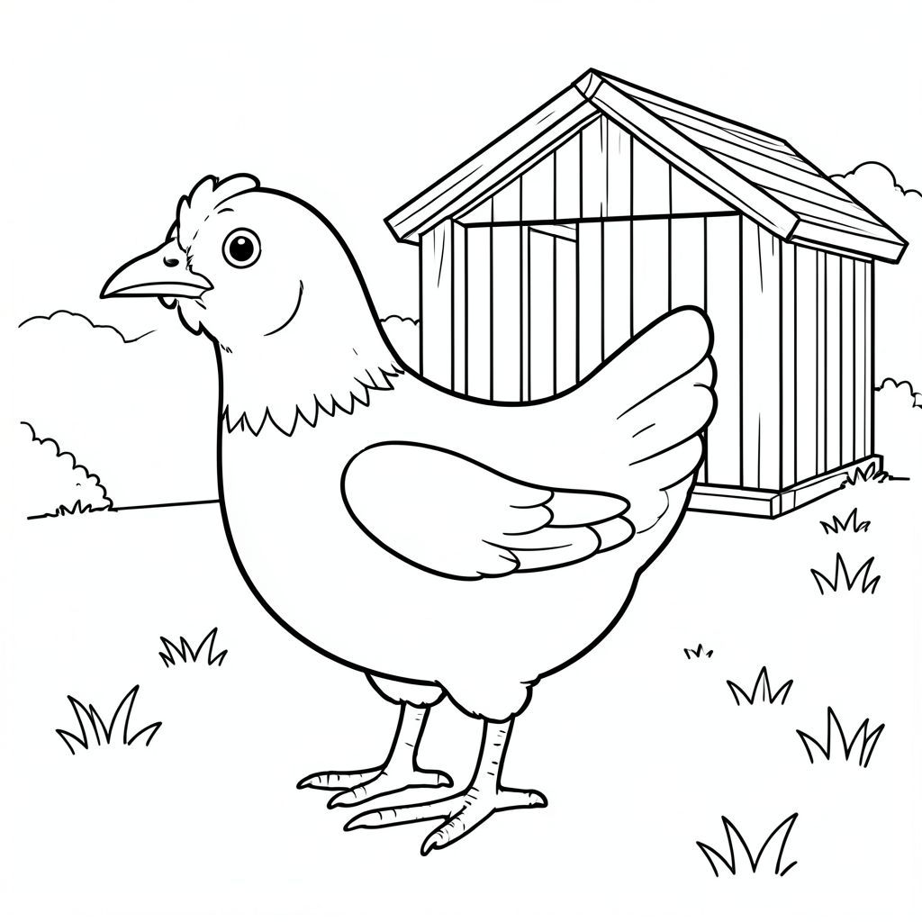 solo, một con chim, một đầu, hai mắt, một mỏ, hai cánh, hai chân, một đuôi, tỷ lệ tự nhiên, quy mô thích hợp trong môi trường, đúng giải phẫu, gà, bút dê, nhỏ, nơi trú ẩn bằng gỗ, đơn giản, sạch sẽ, lý lịch, nhỏ, nông trại, trang trại sở thích, cỏ, trang tô màu, nghệ thuật đường, nền trắng, solo, chủ đề đơn, chính xác về mặt giải phẫu, giải phẫu hoàn hảo