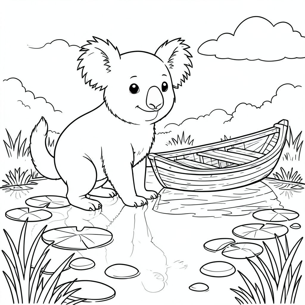 solo, chủ đề đơn, một đầu, hai mắt, hai tai, bốn chân, một đuôi, tỷ lệ tự nhiên, quy mô thích hợp trong môi trường, đúng giải phẫu, Koala, ao, miếng đệm hoa huệ, thuyền chèo bằng gỗ, nước lặng, phản chiếu, ánh sáng mặt trời, bầu trời quang đãng, cỏ, đá mịn, gỗ phong hóa, trang màu, nghệ thuật đường, nền trắng, solo, chủ đề đơn, chính xác về mặt giải phẫu, giải phẫu hoàn hảo
