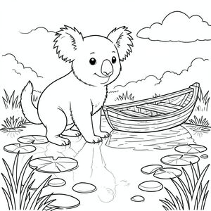 solo, chủ đề đơn, một đầu, hai mắt, hai tai, bốn chân, một đuôi, tỷ lệ tự nhiên, quy mô thích hợp trong môi trường, đúng giải phẫu, Koala, ao, miếng đệm hoa huệ, thuyền chèo bằng gỗ, nước lặng, phản chiếu, ánh sáng mặt trời, bầu trời quang đãng, cỏ, đá mịn, gỗ phong hóa, trang màu, nghệ thuật đường, nền trắng, solo, chủ đề đơn, chính xác về mặt giải phẫu, giải phẫu hoàn hảo