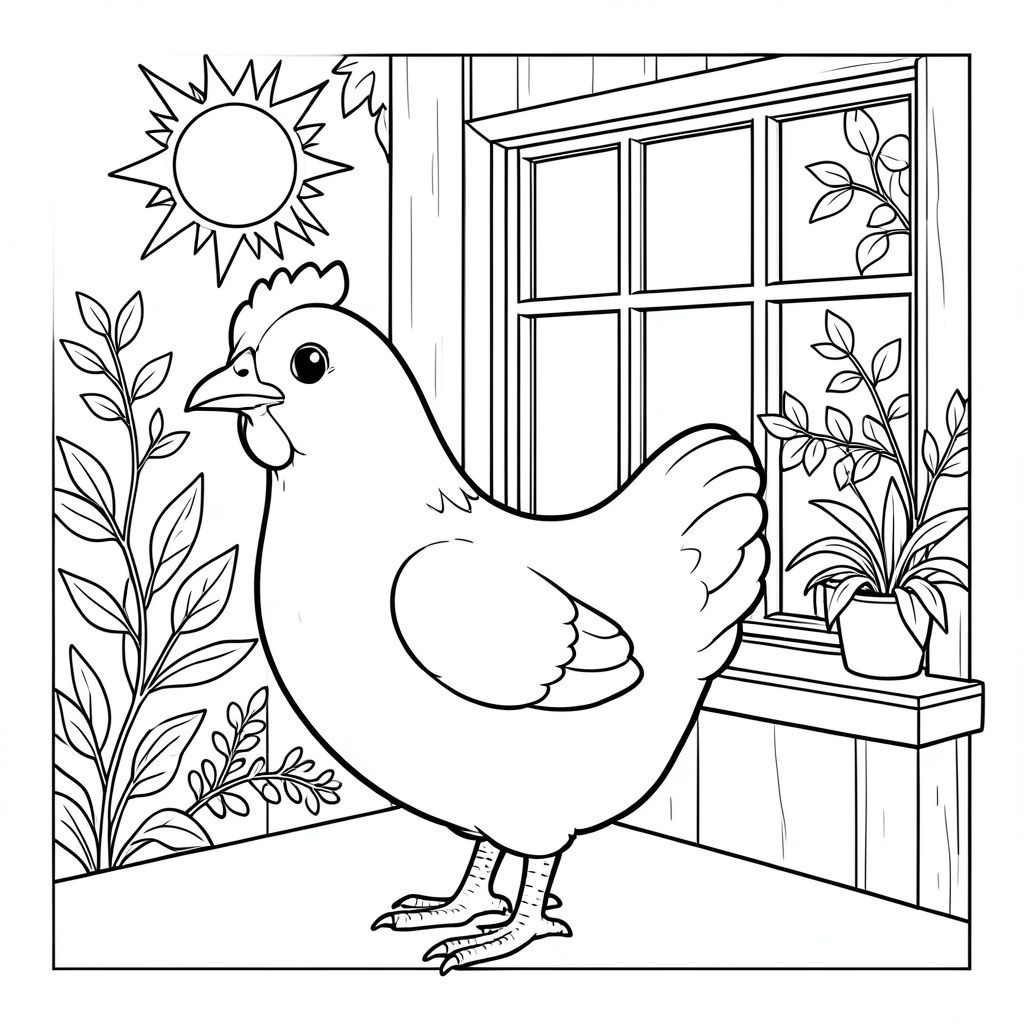 solo, một con chim, một đầu, hai mắt, một mỏ, hai cánh, hai chân, một đuôi, tỷ lệ tự nhiên, quy mô thích hợp trong môi trường, đúng về mặt giải phẫu, gà, mặt trời, góc ăn sáng, Cửa sổ vịnh, thực vật, ngưỡng cửa, đơn giản, sạch sẽ, lý lịch, Lá, bằng gỗ, Trang tô màu, nghệ thuật đường, nền trắng, Solo, chủ đề đơn, chính xác về mặt giải phẫu, giải phẫu hoàn hảo