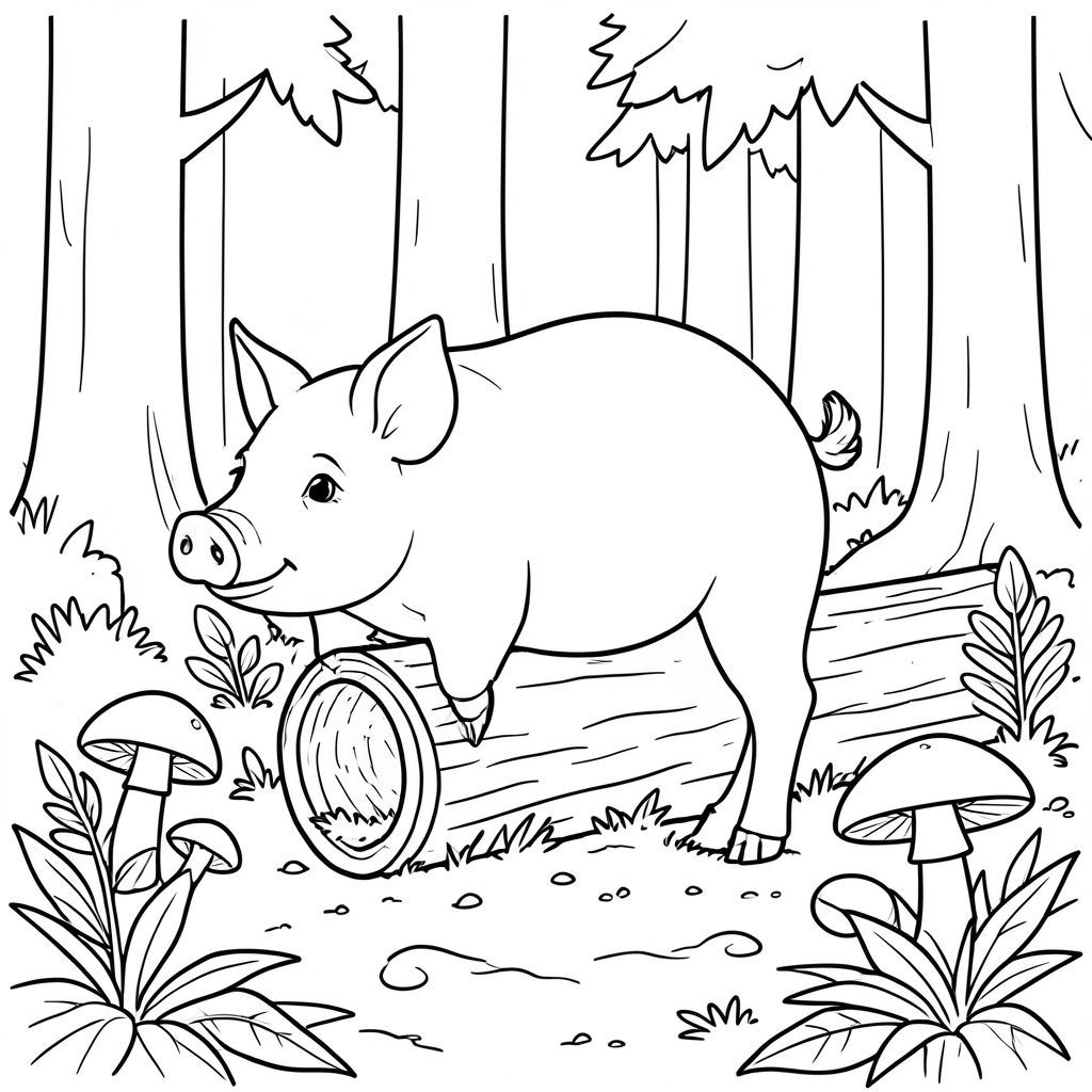 solo, chủ đề đơn, một đầu, hai mắt, hai tai, bốn chân, một đuôi, tỷ lệ tự nhiên, quy mô thích hợp trong môi trường, đúng giải phẫu, Con lợn, Rừng, khúc gỗ rỗng, nấm, Vỏ cây, sàn rừng, lá, ánh sáng mặt trời, đơn giản, sạch sẽ, lý lịch, tô màu, nghệ thuật đường, nền trắng, solo, chủ đề đơn, đúng giải phẫu, giải phẫu hoàn hảo