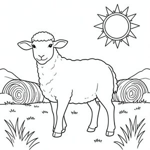 solo, chủ đề đơn, một đầu, hai mắt, hai tai, bốn chân, một đuôi, tỷ lệ tự nhiên, quy mô thích hợp trong môi trường, đúng giải phẫu, Cừu, mặt trời, ngoài trời, ổn định, kiện cỏ khô, bãi cỏ khô, bãi cỏ, đơn giản, lý lịch, dọn dẹp, tinh khiết, trang màu, nghệ thuật đường, nền trắng, solo, chủ đề đơn, đúng về mặt giải phẫu, giải phẫu hoàn hảo