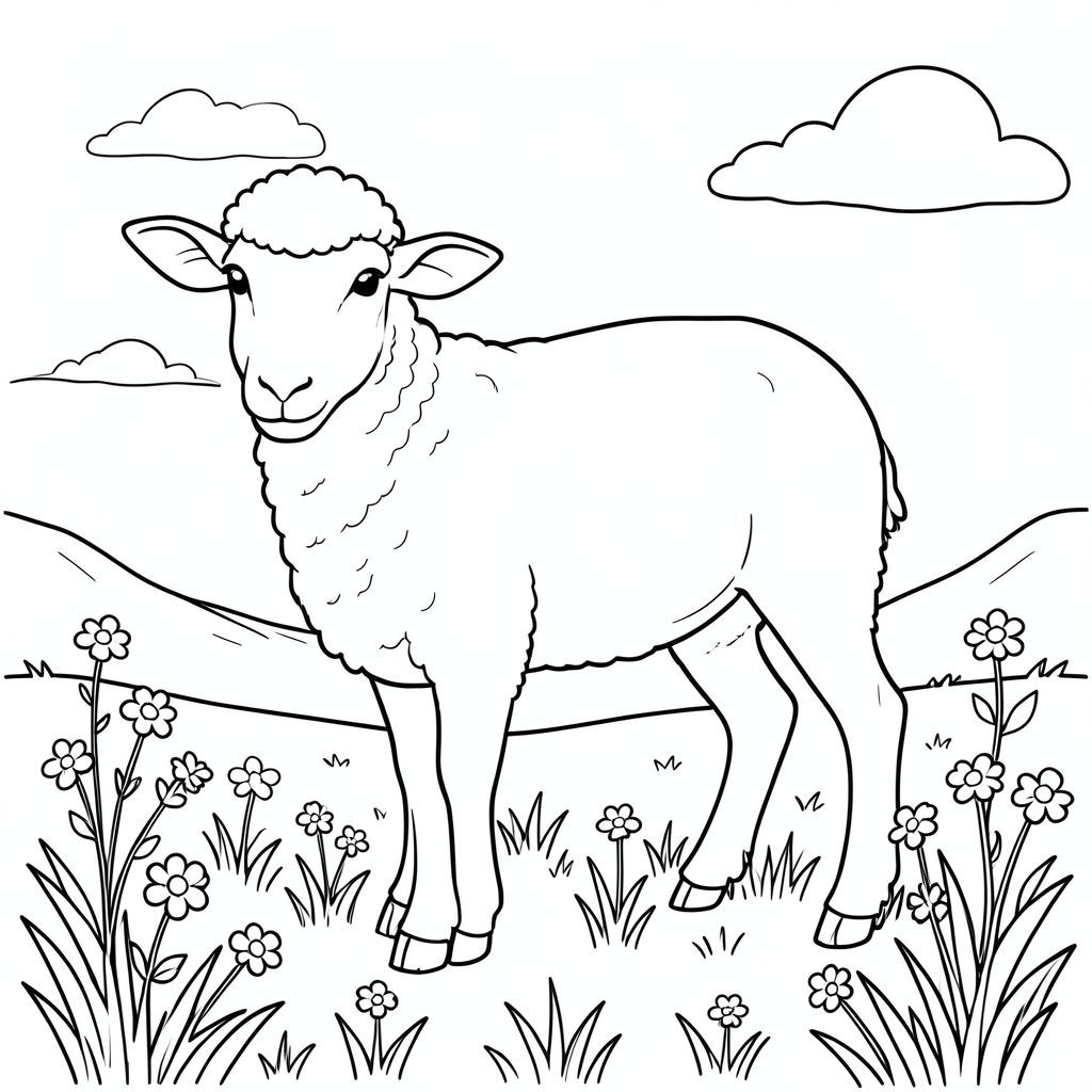 solo, chủ đề đơn, một đầu, hai mắt, hai tai, bốn chân, một đuôi, tỷ lệ tự nhiên, quy mô thích hợp trong môi trường, đúng giải phẫu, Cừu, Đồng cỏ núi cao, hoa nhỏ, ánh sáng mặt trời, bầu trời quang đãng, bầu trời, cỏ, nền đơn giản, sạch sẽ, tuyến tính, trắng tinh khiết, trang màu, nghệ thuật đường, nền trắng, solo, chủ đề đơn, đúng về mặt giải phẫu, giải phẫu hoàn hảo