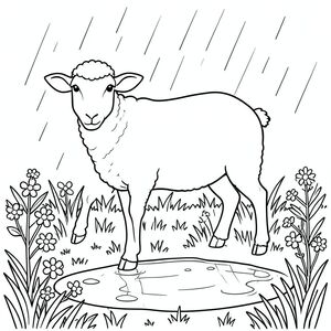 solo, chủ đề đơn, một đầu, hai mắt, hai tai, bốn chân, một đuôi, tỷ lệ tự nhiên, quy mô thích hợp trong môi trường, đúng về mặt giải phẫu, Cừu, Đồng cỏ, hoa dại, vũng nước, mưa, ánh sáng mặt trời, cỏ, đơn giản, dọn dẹp, lý lịch, rõ ràng, trang màu, nghệ thuật đường, nền trắng, solo, chủ đề đơn, đúng về mặt giải phẫu, giải phẫu hoàn hảo