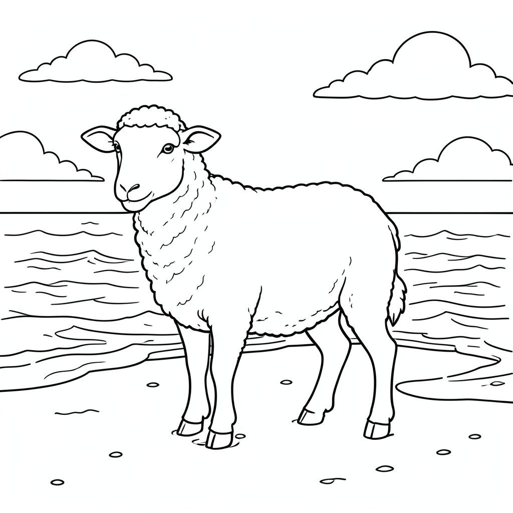 solo, chủ đề đơn, một đầu, hai mắt, hai tai, bốn chân, một đuôi, tỷ lệ tự nhiên, quy mô thích hợp trong môi trường, đúng về mặt giải phẫu, Cừu, Hoàng hôn, bờ biển, sóng, cát, ướt, trong sáng, Bầu trời, những đám mây, nhẹ nhàng, mềm mại, Trang màu, nghệ thuật đường, nền trắng, Solo, chủ đề đơn, đúng về mặt giải phẫu, giải phẫu hoàn hảo