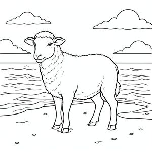 solo, chủ đề đơn, một đầu, hai mắt, hai tai, bốn chân, một đuôi, tỷ lệ tự nhiên, quy mô thích hợp trong môi trường, đúng về mặt giải phẫu, Cừu, Hoàng hôn, bờ biển, sóng, cát, ướt, trong sáng, Bầu trời, những đám mây, nhẹ nhàng, mềm mại, Trang màu, nghệ thuật đường, nền trắng, Solo, chủ đề đơn, đúng về mặt giải phẫu, giải phẫu hoàn hảo