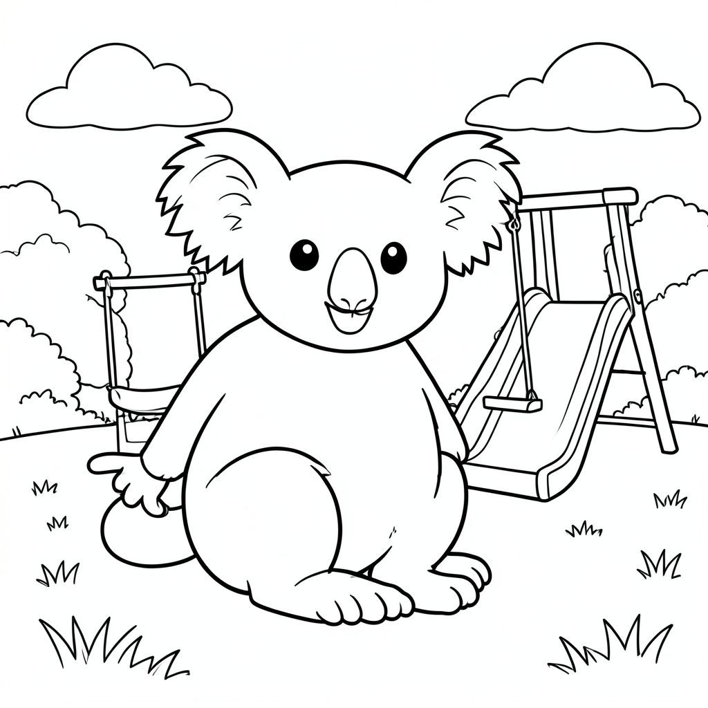 solo, chủ đề đơn, một đầu, hai mắt, hai tai, bốn chân, một đuôi, tỷ lệ tự nhiên, quy mô thích hợp trong môi trường, đúng giải phẫu, Koala, sân chơi, xích đu, trượt, công viên cỏ, ánh sáng mặt trời, bầu trời quang đãng, bầu trời, nền đơn giản, dọn dẹp, tuyến tính, tô màu, nghệ thuật đường, nền trắng, solo, chủ đề đơn, đúng giải phẫu, giải phẫu hoàn hảo