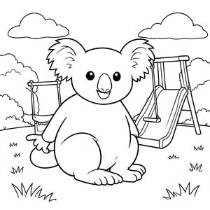 solo, chủ đề đơn, một đầu, hai mắt, hai tai, bốn chân, một đuôi, tỷ lệ tự nhiên, quy mô thích hợp trong môi trường, đúng giải phẫu, Koala, sân chơi, xích đu, trượt, công viên cỏ, ánh sáng mặt trời, bầu trời quang đãng, bầu trời, nền đơn giản, dọn dẹp, tuyến tính, tô màu, nghệ thuật đường, nền trắng, solo, chủ đề đơn, đúng giải phẫu, giải phẫu hoàn hảo