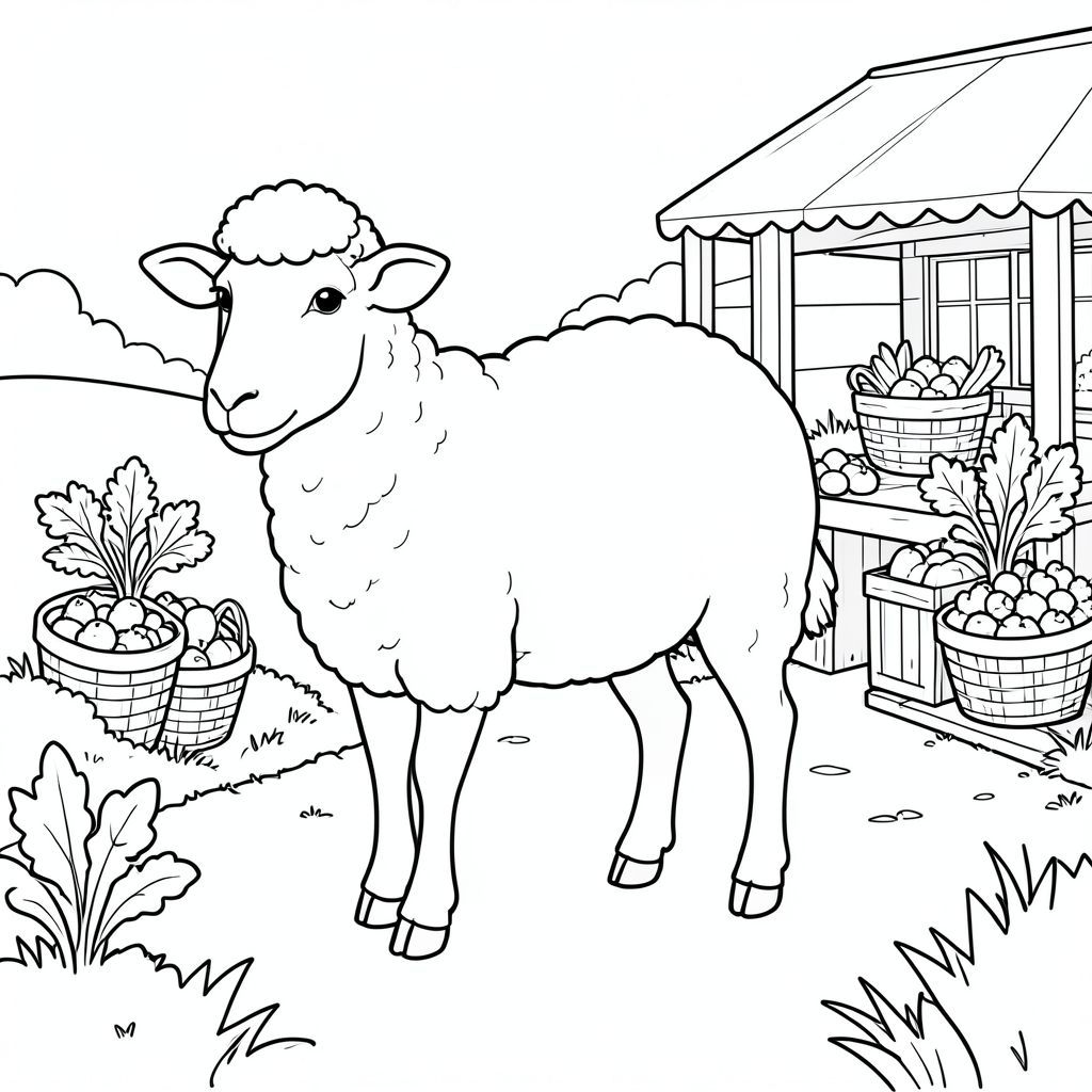 solo, chủ đề đơn, một đầu, hai mắt, hai tai, bốn chân, một đuôi, tỷ lệ tự nhiên, quy mô thích hợp trong môi trường, đúng giải phẫu, Cừu, Sản xuất đứng, đường nông thôn, rau, giỏ, nền đơn giản, sạch sẽ, tinh khiết, sách truyện, đơn giản, lý lịch, tô màu, nghệ thuật đường, nền trắng, solo, chủ đề đơn, đúng giải phẫu, giải phẫu hoàn hảo