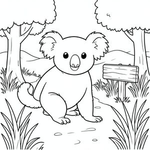 solo, chủ đề đơn, một đầu, hai mắt, hai tai, bốn chân, một đuôi, tỷ lệ tự nhiên, quy mô thích hợp trong môi trường, đúng về mặt giải phẫu, Koala, cỏ, cây cối, con đường, đường mòn, dấu hiệu gỗ, cỏ cao, ánh sáng mặt trời, nền đơn giản, dọn dẹp, thuần khiết, trang màu, nghệ thuật đường, nền trắng, solo, chủ đề đơn, đúng về mặt giải phẫu, giải phẫu hoàn hảo